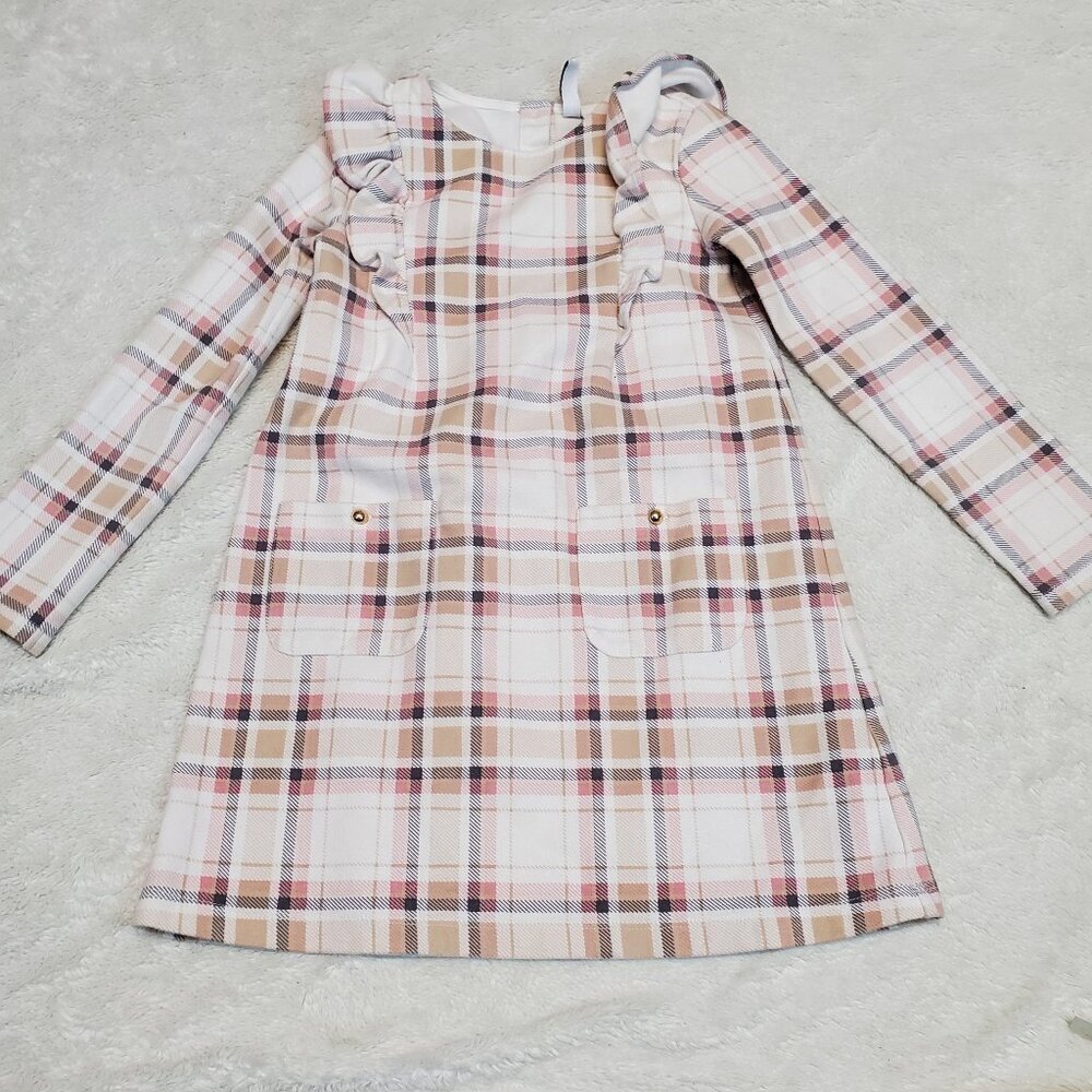 Janie and Jack Plaid Ruffle Long-Sleeve Dress in Pink, Cream, Tan